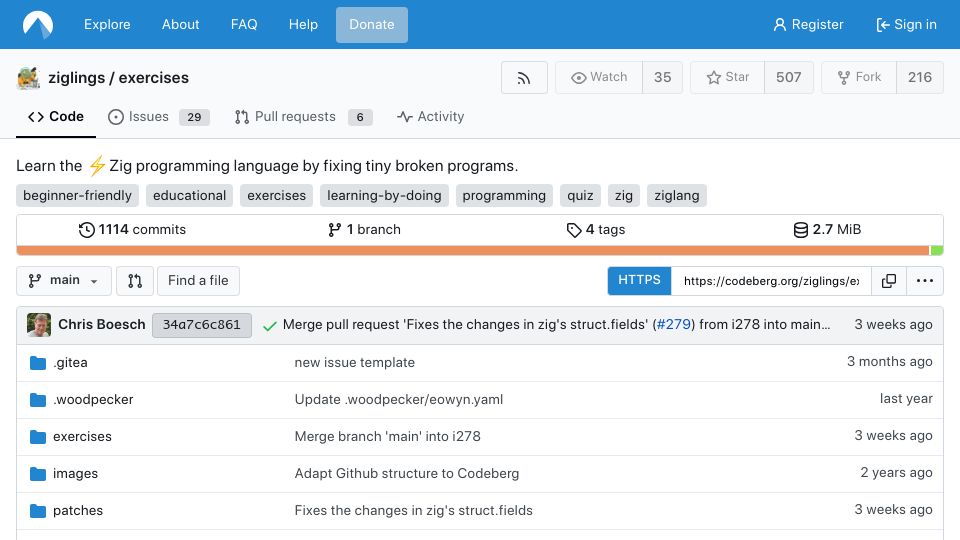 Screenshot of codeberg.org: Ziglings: Learn Zig by fixing broken programs