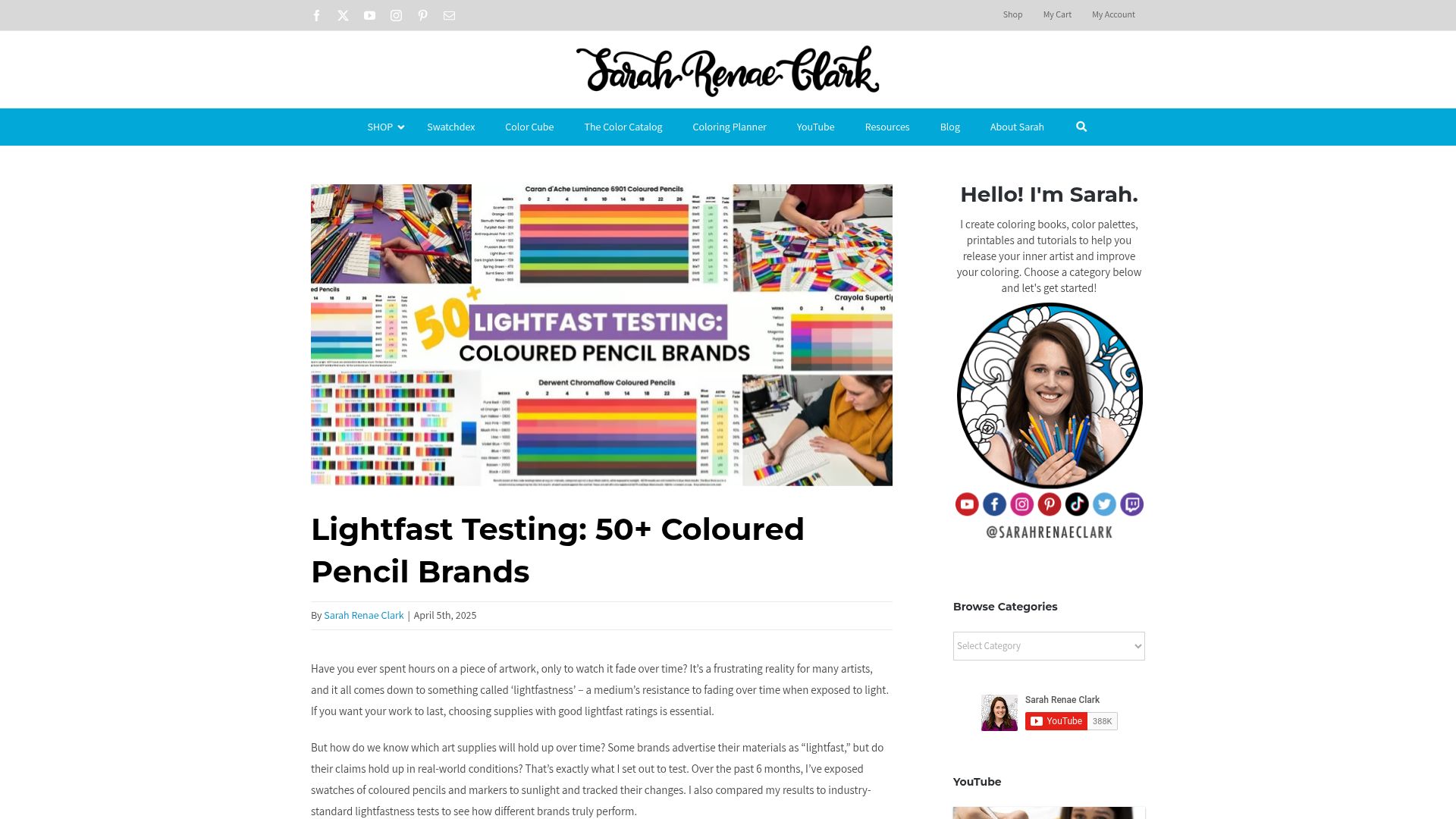 Screenshot of sarahrenaeclark.com: Lightfastness Testing of Colored Pencils