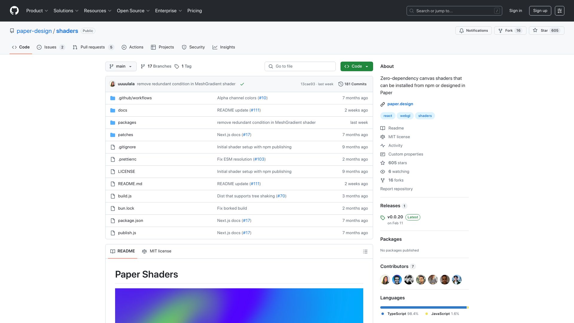 Screenshot of github.com: Paper Shaders: Zero-dependency canvas shaders