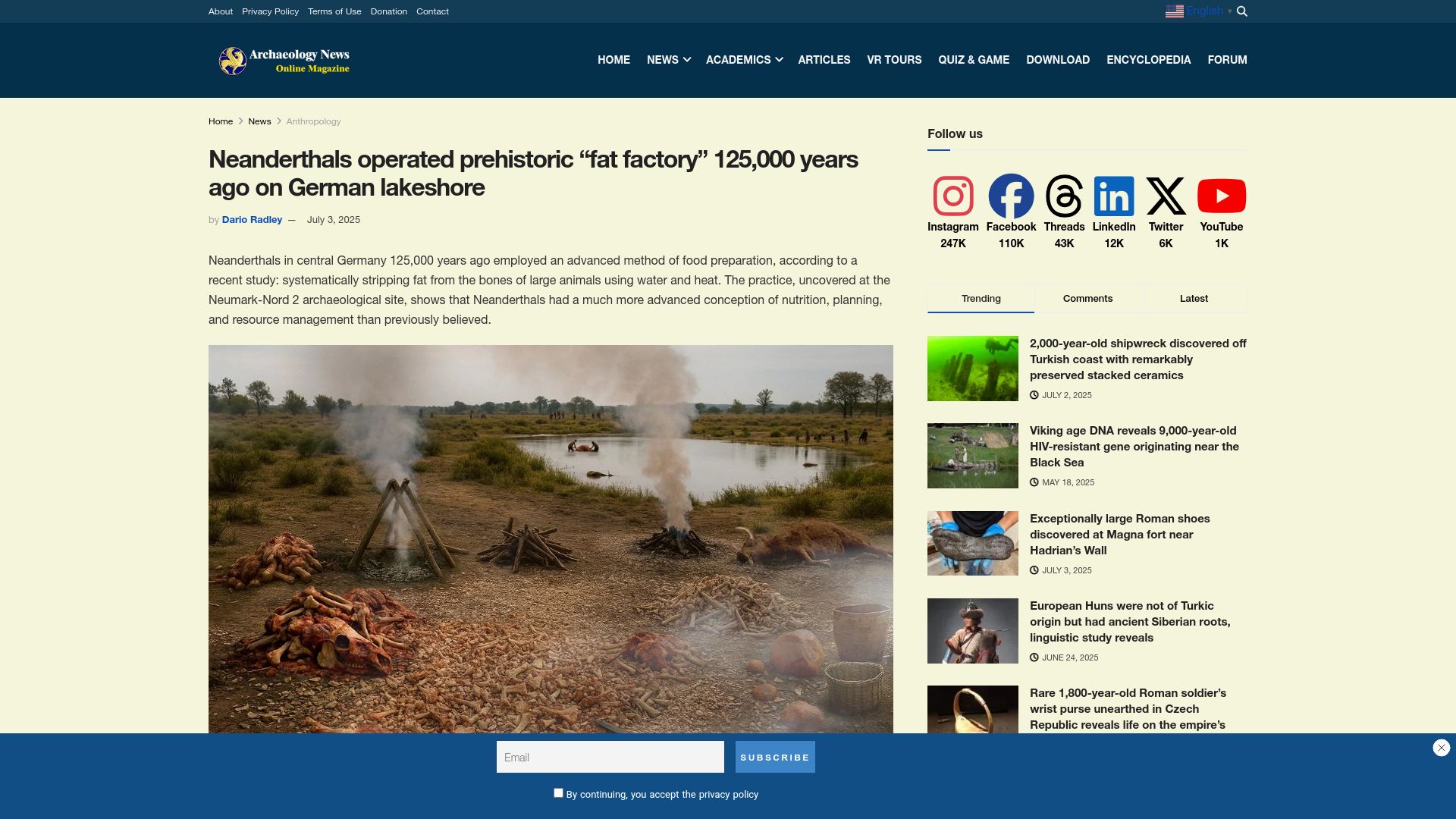 Screenshot of archaeologymag.com: Neanderthals operated prehistoric “fat factory” on German lakeshore