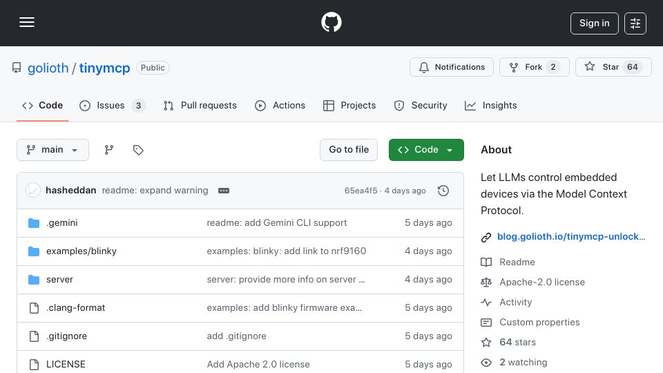 Screenshot of github.com: tinymcp: Let LLMs control embedded devices via the Model Context Protocol