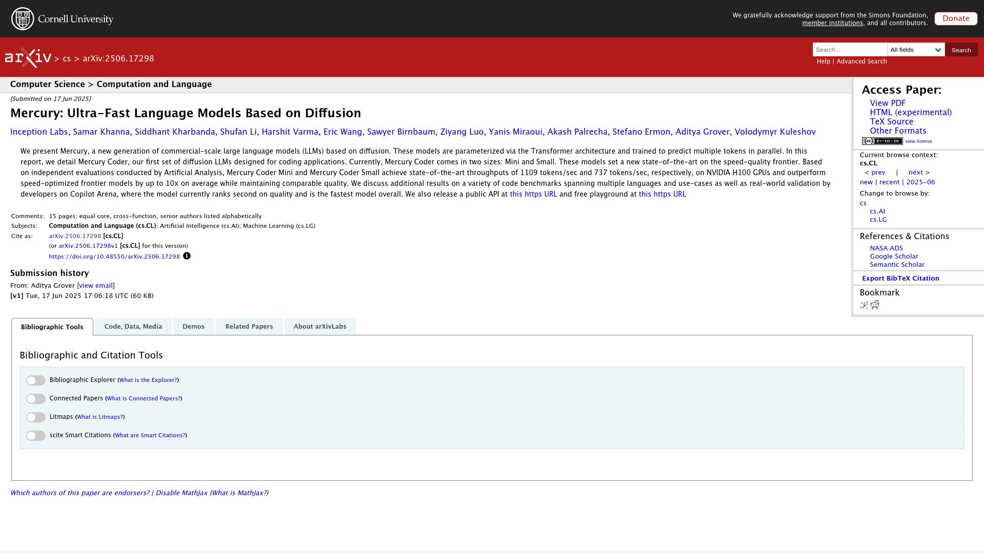 Screenshot of arxiv.org: Mercury: Ultra-fast language models based on diffusion