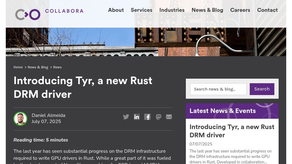 Screenshot of collabora.com: Tyr, a new Rust DRM driver targeting CSF-based ARM Mali GPUs