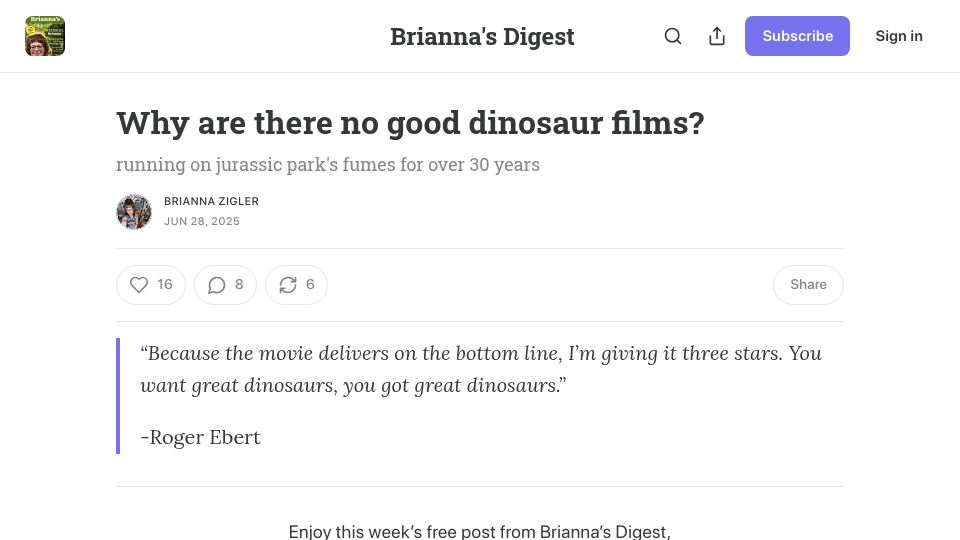 Screenshot of briannazigler.substack.com: Why are there no good dinosaur films?