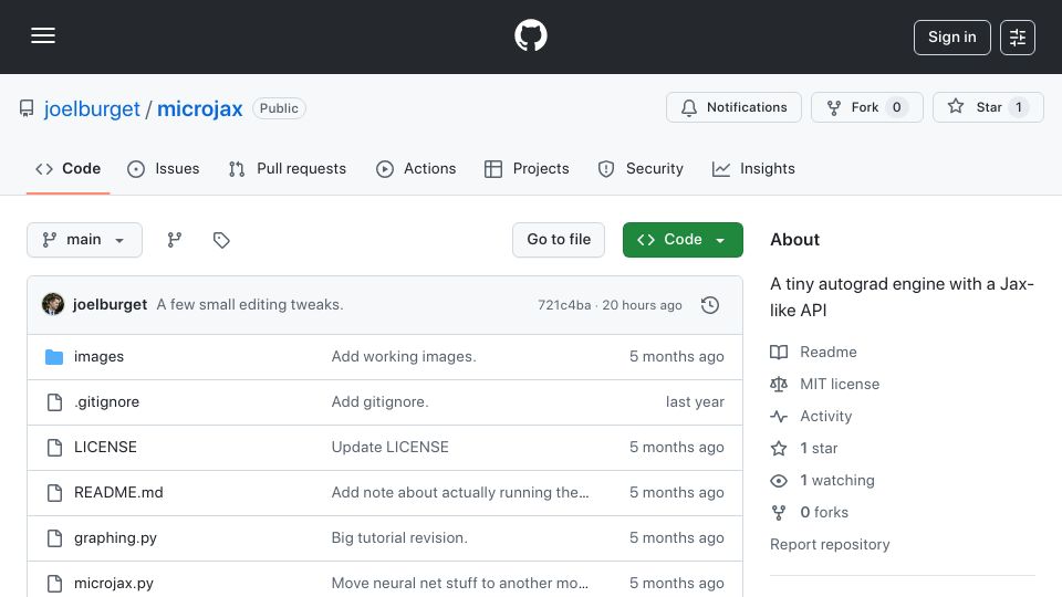 Screenshot of github.com: Showh HN: Microjax – JAX in two classes and six functions