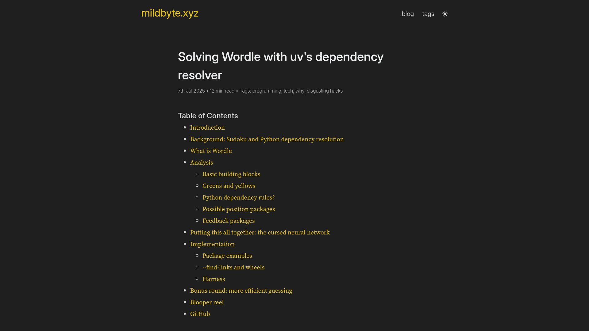Screenshot of mildbyte.xyz: Solving Wordle with uv's dependency resolver