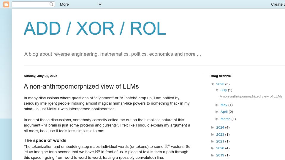 Screenshot of addxorrol.blogspot.com: A non-anthropomorphized view of LLMs