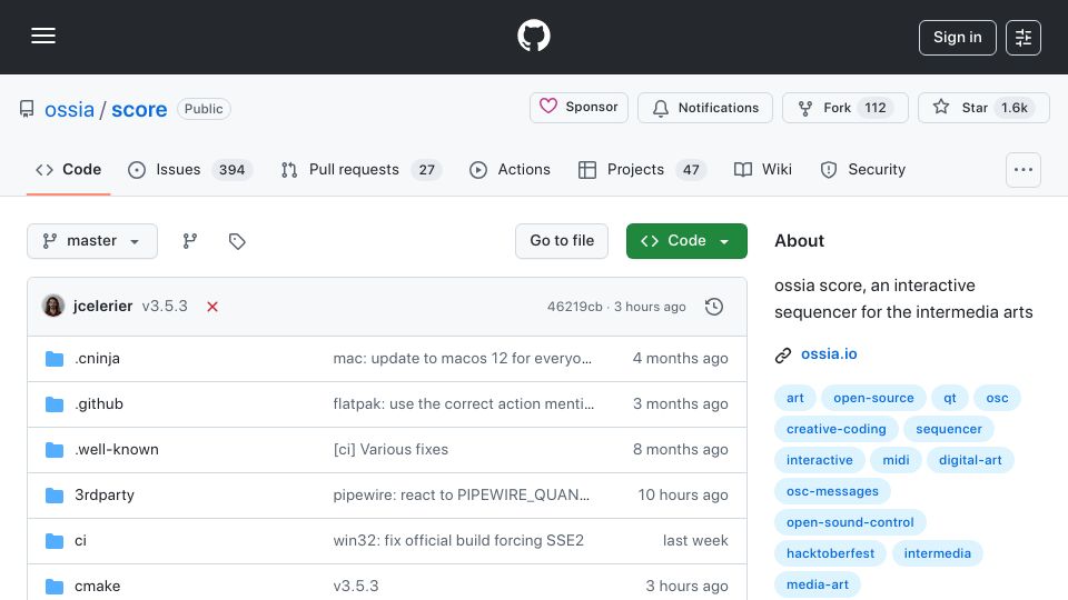 Screenshot of github.com: Show HN: Ossia score – A sequencer for audio-visual artists