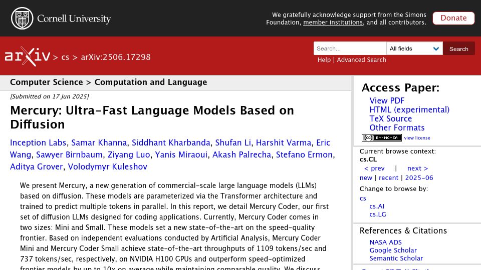 Screenshot of arxiv.org: Mercury: Ultra-fast language models based on diffusion