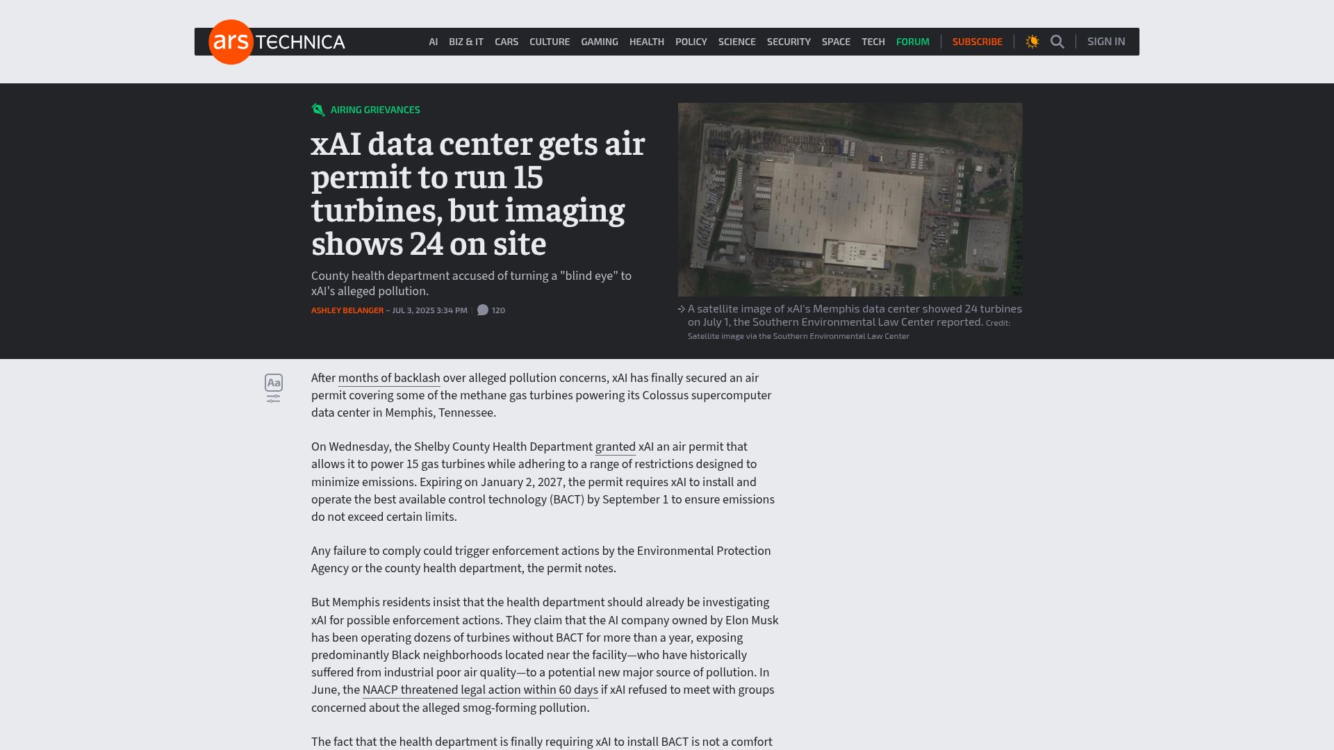 Screenshot of arstechnica.com: XAI data center gets air permit to run 15 turbines, but imaging shows 24 on site