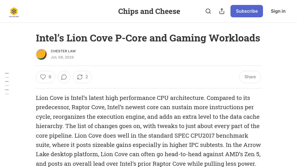 Screenshot of chipsandcheese.com: Intel's Lion Cove P-Core and Gaming Workloads