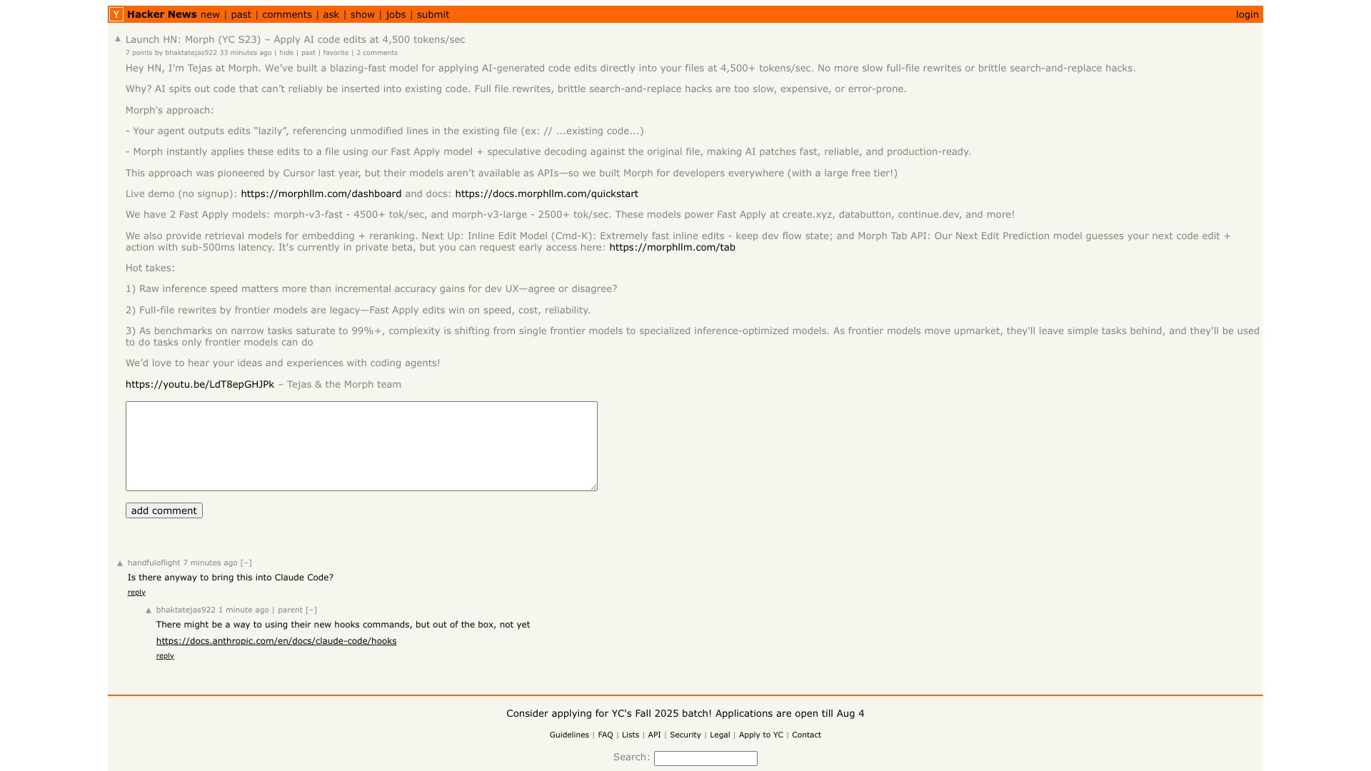 Screenshot of this Hacker News post: Launch HN: Morph (YC S23) – Apply AI code edits at 4,500 tokens/sec