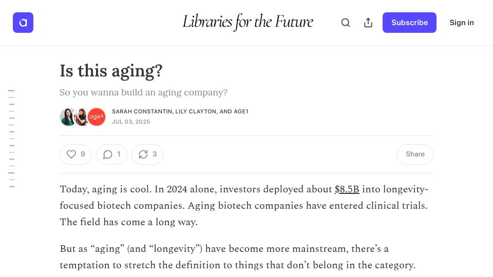 Screenshot of librariesforthefuture.bio: So you wanna build an aging company