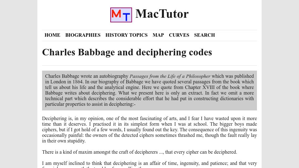 Screenshot of mathshistory.st-andrews.ac.uk: Charles Babbage and deciphering codes (1864)