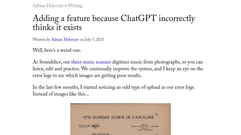 Screenshot of holovaty.com: Adding a feature because ChatGPT incorrectly thinks it exists