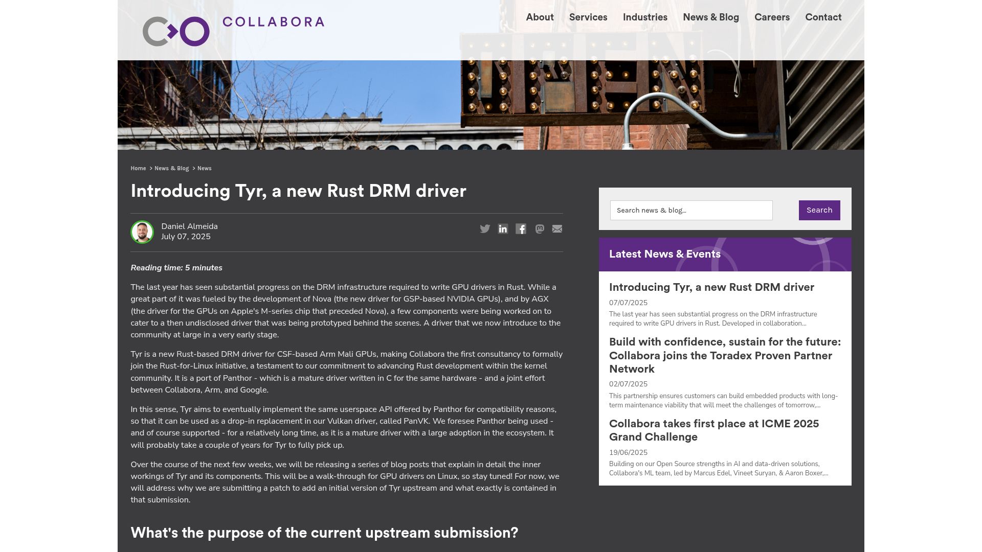 Screenshot of collabora.com: Tyr, a new Rust DRM driver targeting CSF-based ARM Mali GPUs