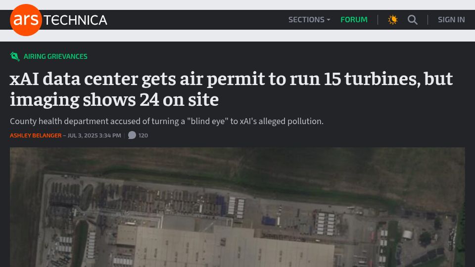 Screenshot of arstechnica.com: XAI data center gets air permit to run 15 turbines, but imaging shows 24 on site
