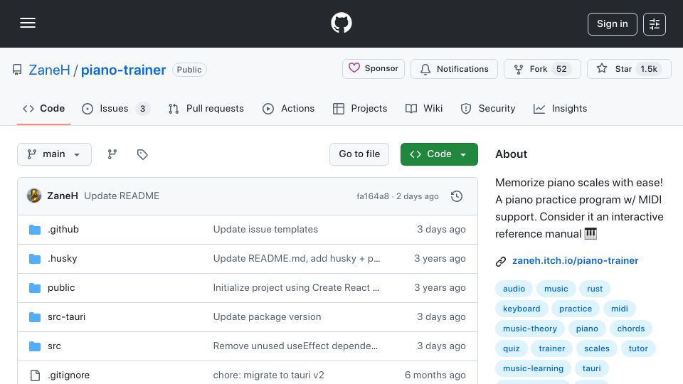 Screenshot of github.com: Show HN: Piano Trainer – Learn piano scales, chords and more using MIDI