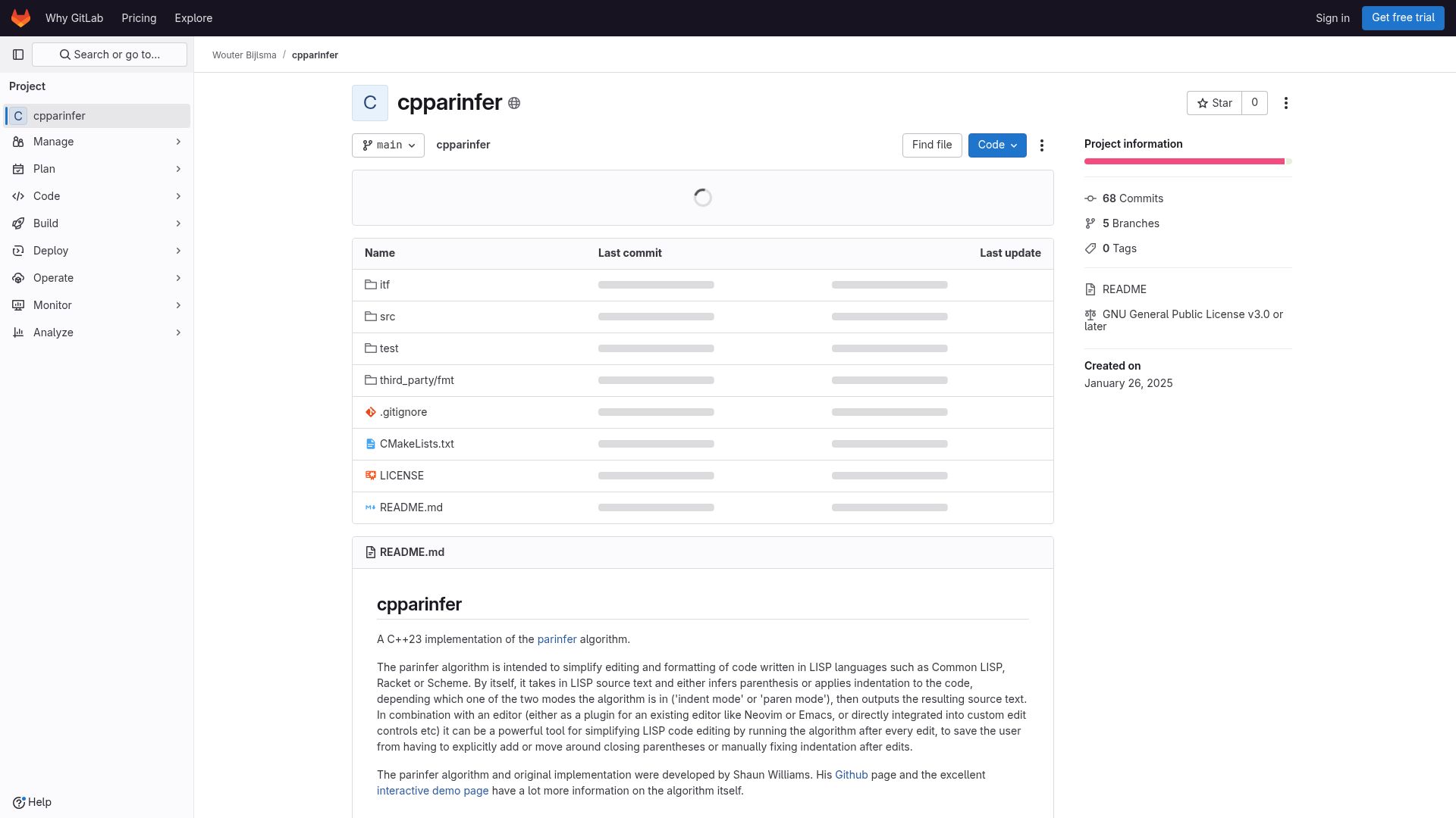 Screenshot of gitlab.com: Cpparinfer: A C++23 implementation of the parinfer algorithm