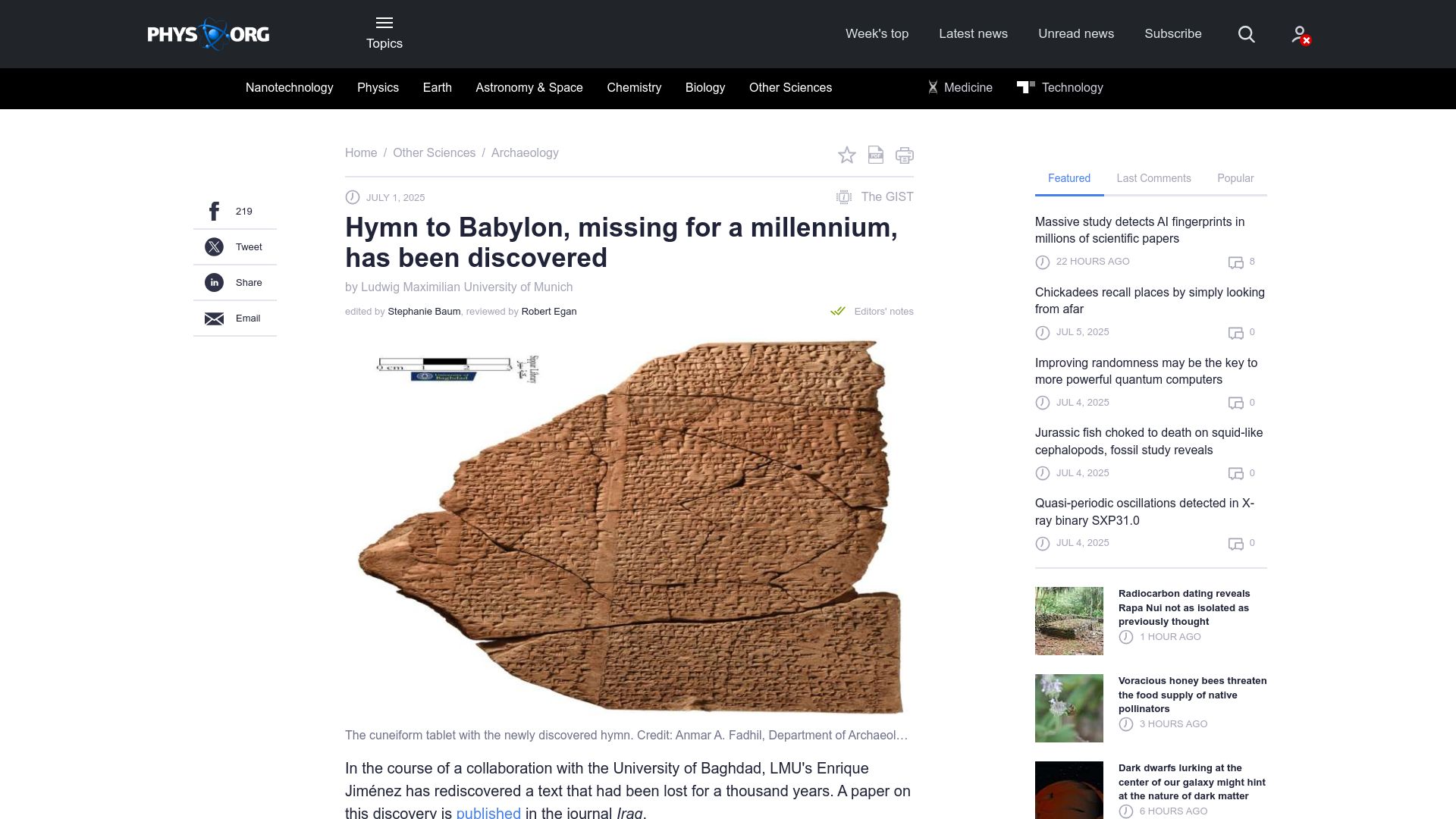 Screenshot of phys.org: Hymn to Babylon, missing for a millennium, has been discovered