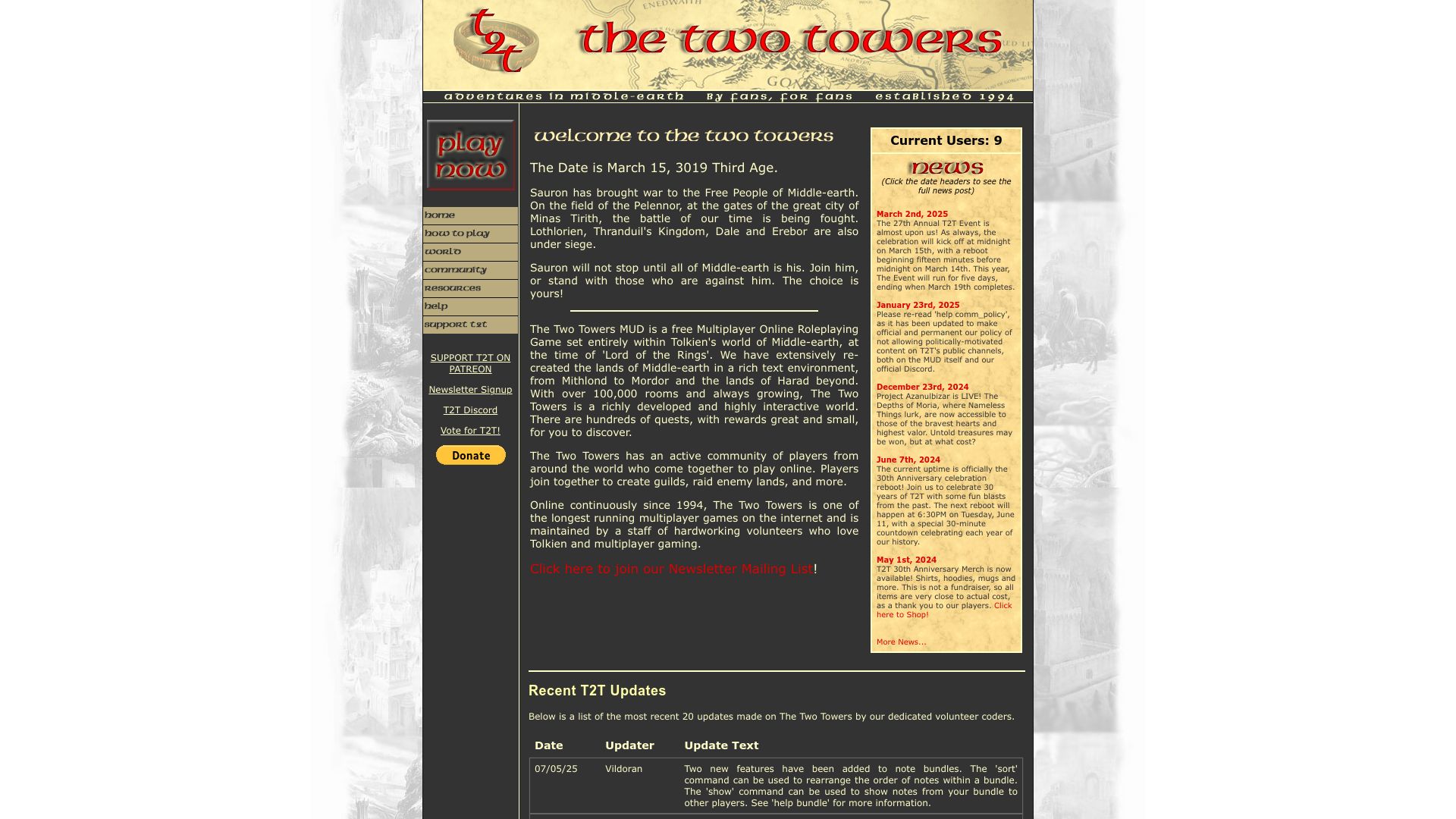 Screenshot of t2tmud.org: The Two Towers MUD