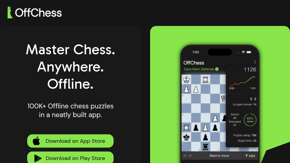 Screenshot of offchess.com: Show HN: OffChess – Offline chess puzzles app