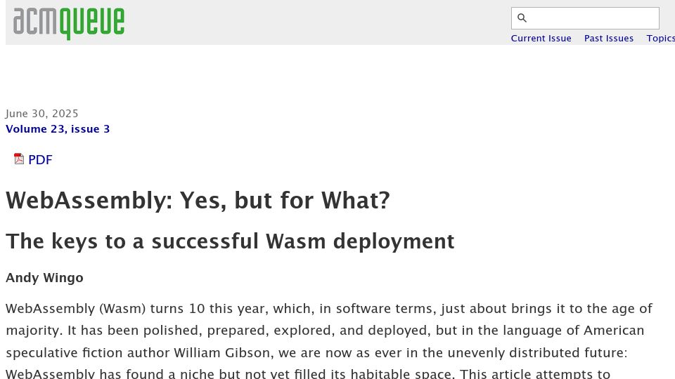 Screenshot of queue.acm.org: WebAssembly: Yes, but for What?