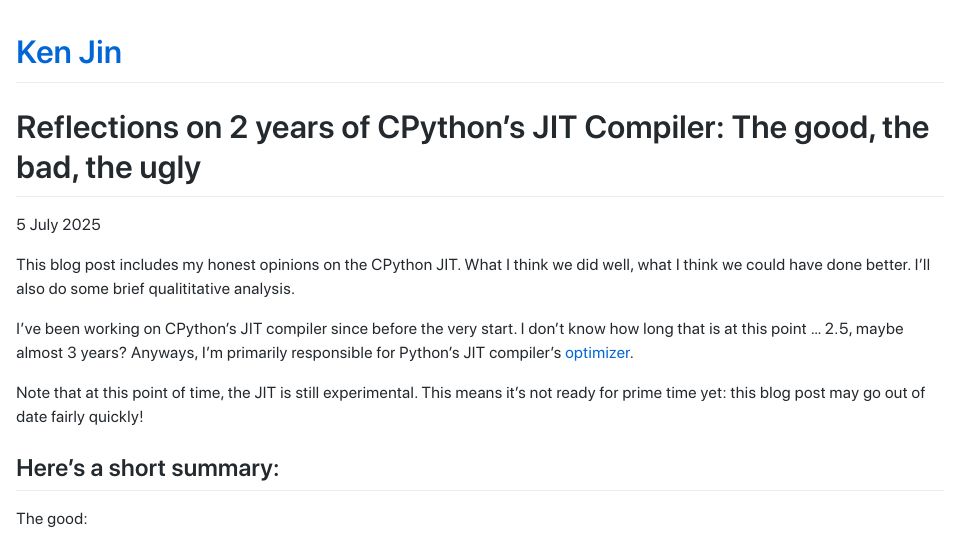 Screenshot of fidget-spinner.github.io: Reflections on 2 years of CPython's JIT Compiler