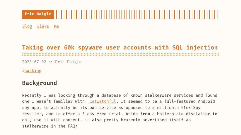Screenshot of ericdaigle.ca: Taking over 60k spyware user accounts with SQL injection