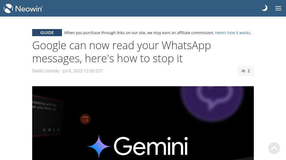 Screenshot of neowin.net: Google can now read your WhatsApp messages