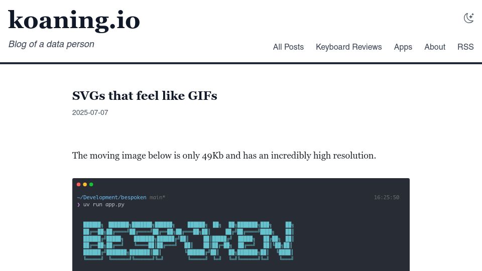 Screenshot of koaning.io: SVGs that feel like GIFs