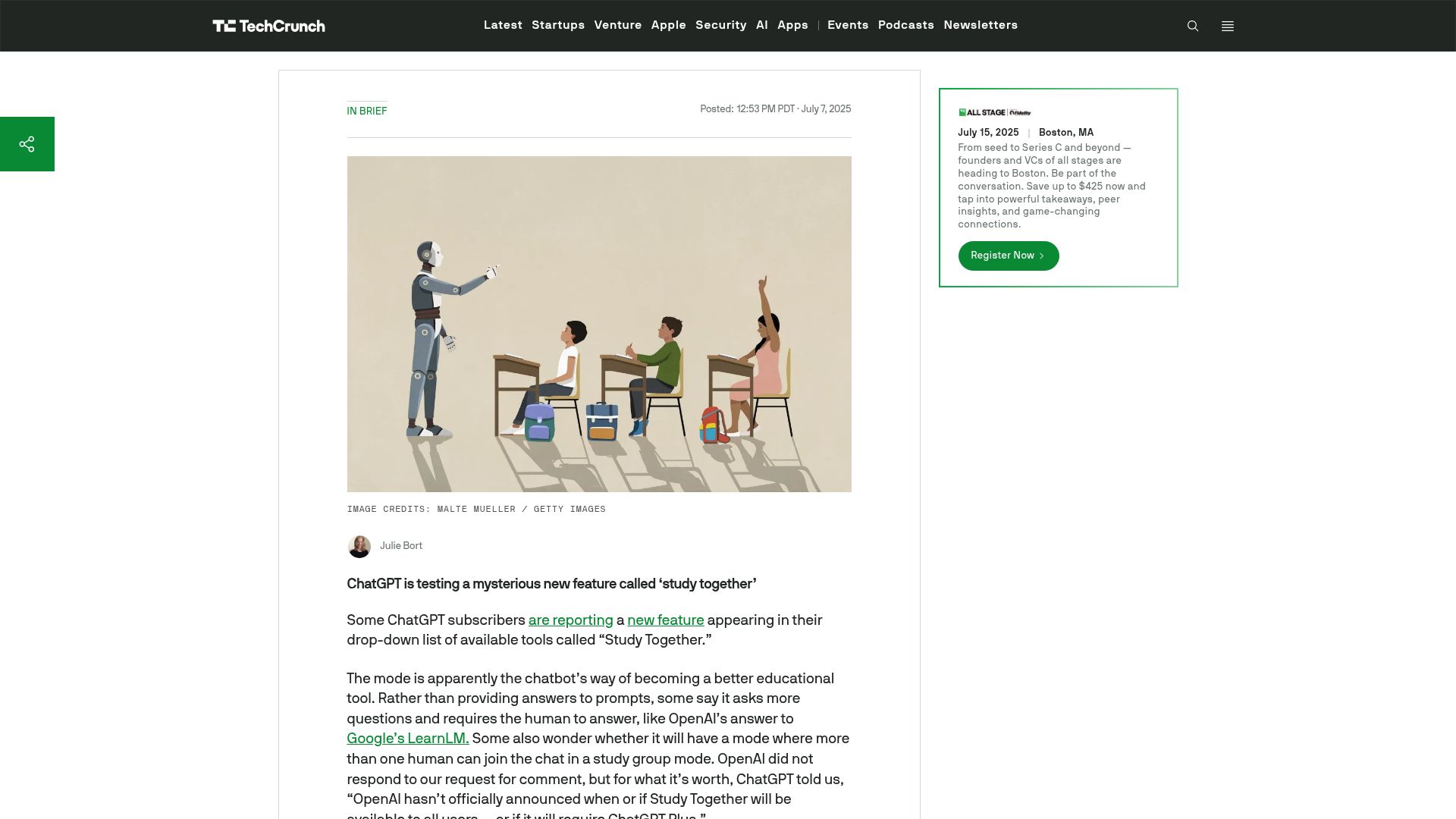 Screenshot of techcrunch.com: ChatGPT testing a mysterious new feature called 'study together'