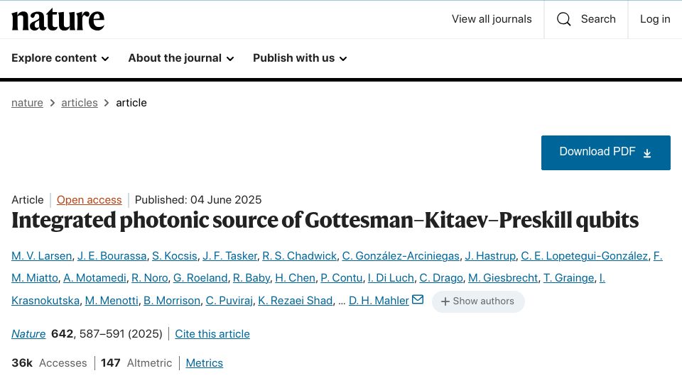 Screenshot of nature.com: Integrated photonic source of Gottesman–Kitaev–Preskill qubits