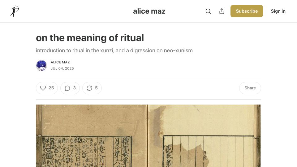 Screenshot of alicemaz.substack.com: On The Meaning of Ritual
