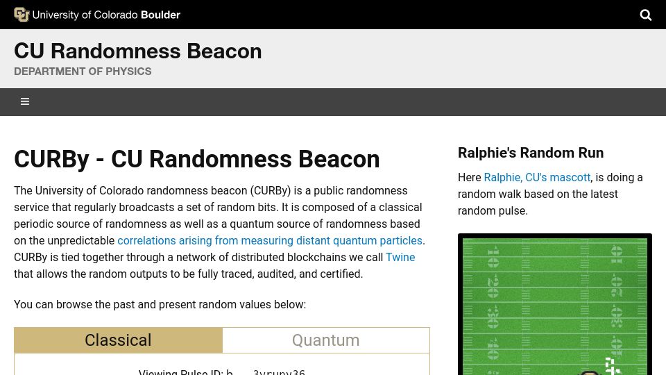 Screenshot of random.colorado.edu: CU Randomness Beacon