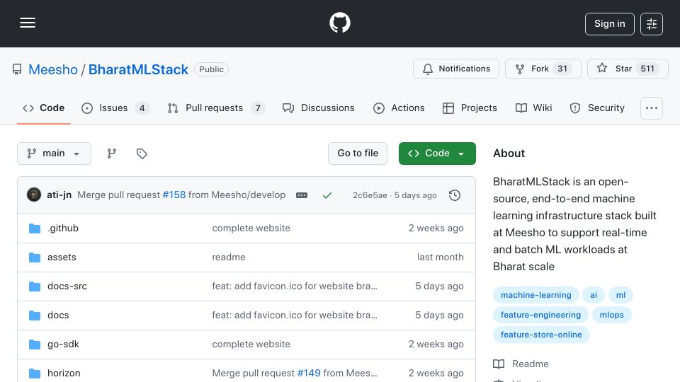 Screenshot of github.com: BharatMLStack – Realtime Inference, MLOps