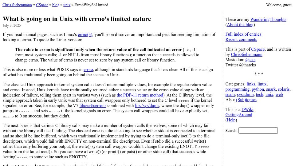 Screenshot of utcc.utoronto.ca: What is going on in Unix with errno's limited nature