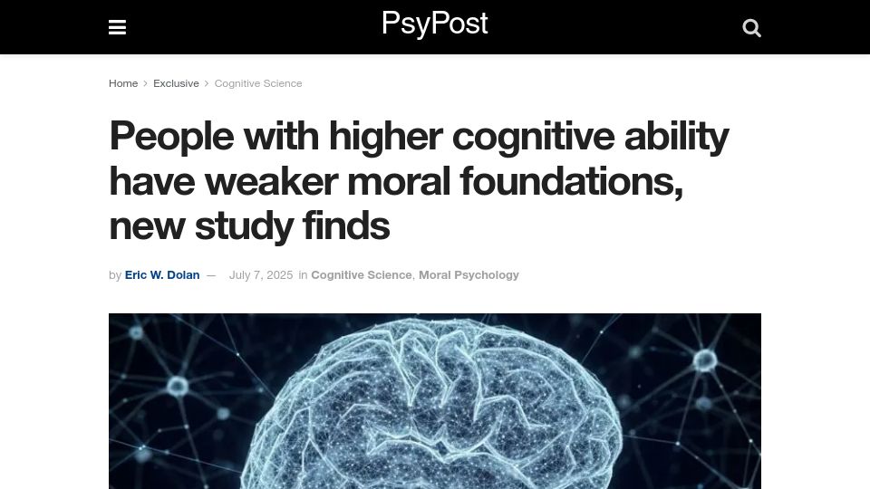 Screenshot of psypost.org: People with higher cognitive abilities have weaker moral foundations