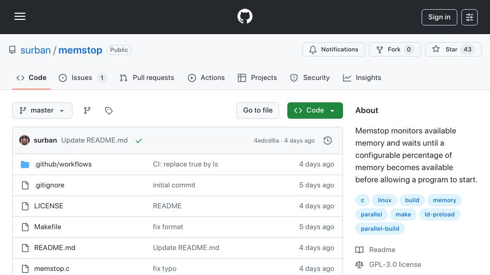 Screenshot of github.com: Memstop: Use LD_PRELOAD to delay process execution when low on memory