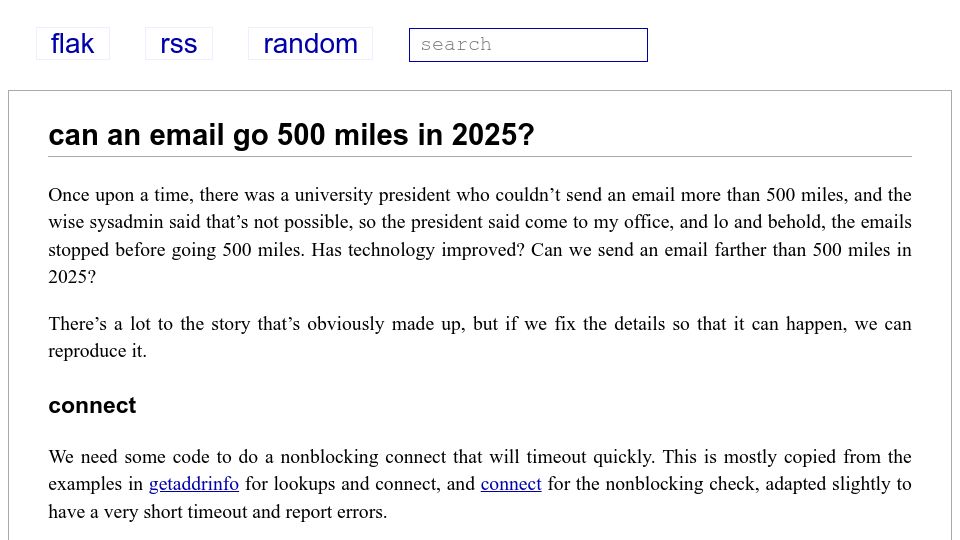 Screenshot of flak.tedunangst.com: Can an email go 500 miles in 2025?
