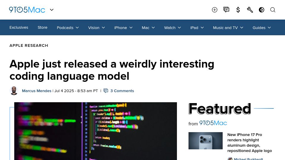 Screenshot of 9to5mac.com: Apple just released a weirdly interesting coding language model