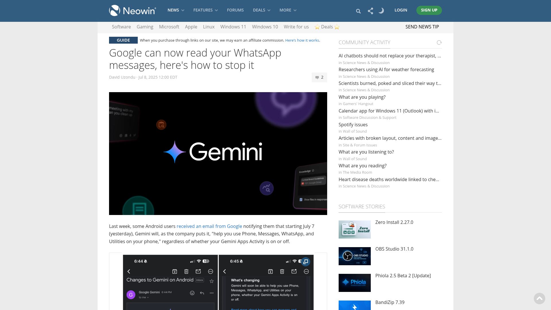 Screenshot of neowin.net: Google can now read your WhatsApp messages