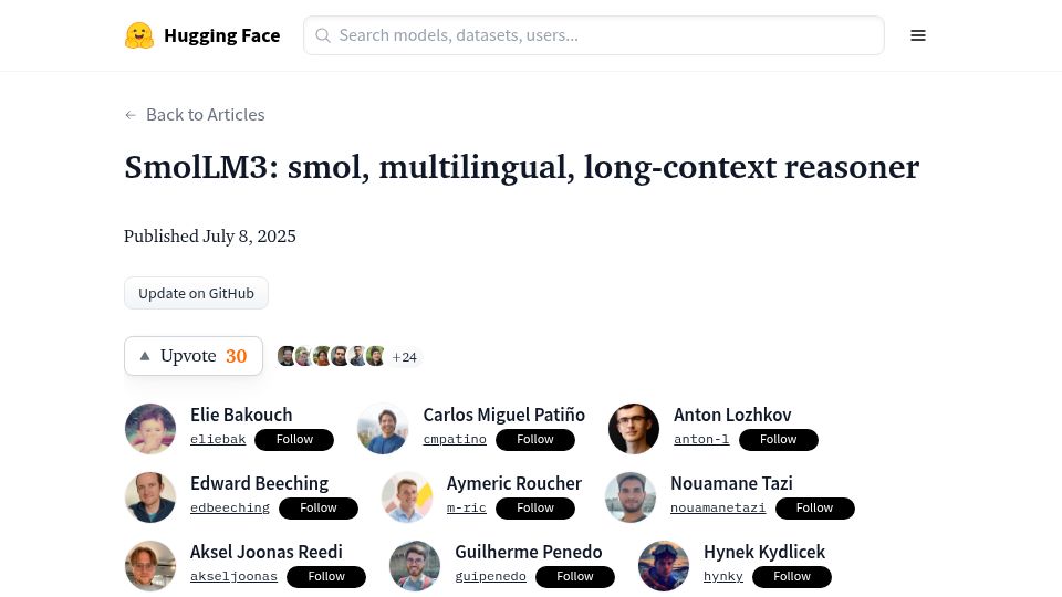 Screenshot of huggingface.co: Smollm3: Smol, multilingual, long-context reasoner LLM