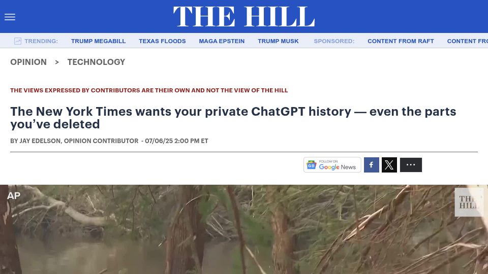 Screenshot of thehill.com: The New York Times wants your private ChatGPT history – even the deleted parts
