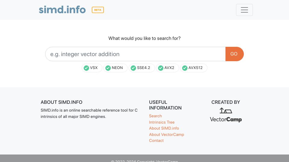 Screenshot of simd.info: SIMD.info – Reference tool for C intrinsics of all major SIMD engines
