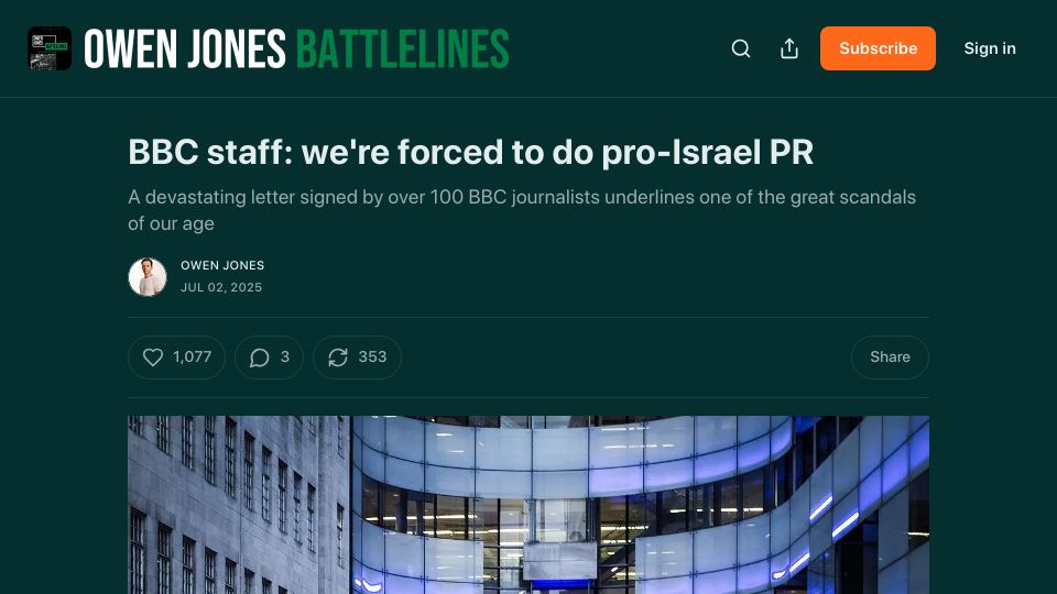 Screenshot of owenjones.news: BBC staff: we're forced to do pro-Israel PR