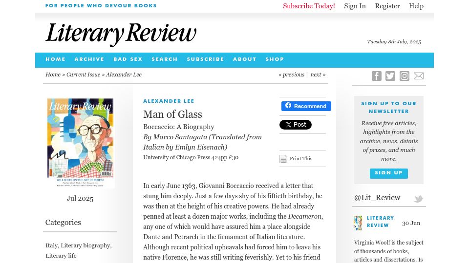 Screenshot of literaryreview.co.uk: Man of Glass: Boccaccio: A Biography