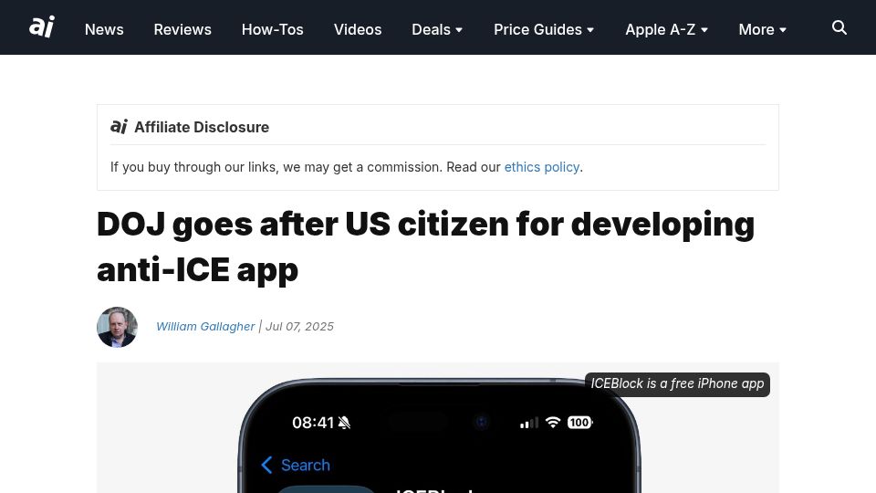 Screenshot of appleinsider.com: DOJ goes after US citizen for developing anti-ICE app