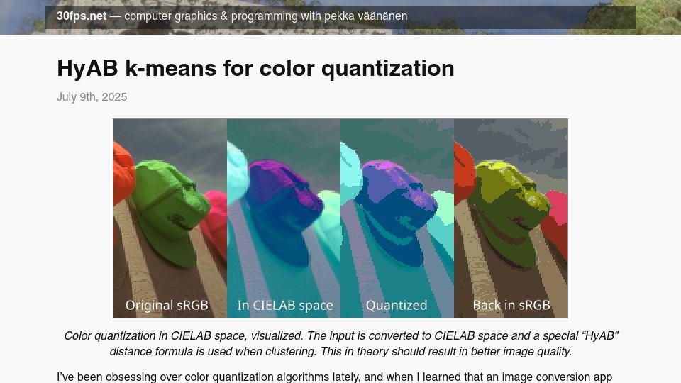 Screenshot of 30fps.net: HyAB k-means for color quantization