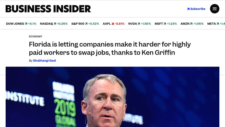 Screenshot of businessinsider.com: Florida is letting companies make it harder for highly paid workers to swap jobs